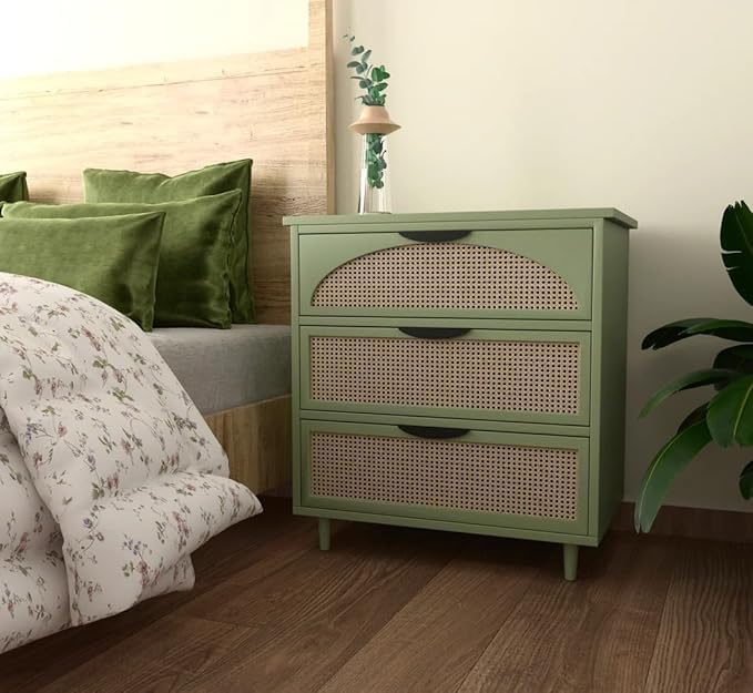 Rattan bedside cabinet, green wooden chest of drawers, boho rattan furniture, 3 drawer wooden cabinet, natural cane storage unit, sage green storage drawer.