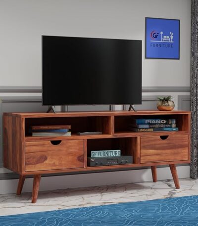 Sheesham wood TV unit, 124 cm TV cabinet, wooden media console, mid-century modern TV stand, solid wood entertainment unit, compact TV table with drawers