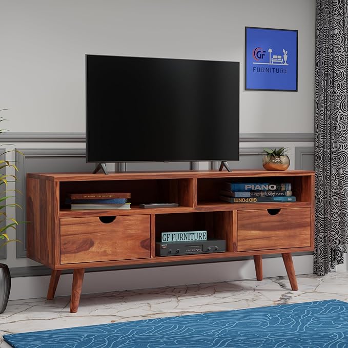 Sheesham wood TV unit, 124 cm TV cabinet, wooden media console, mid-century modern TV stand, solid wood entertainment unit, compact TV table with drawers