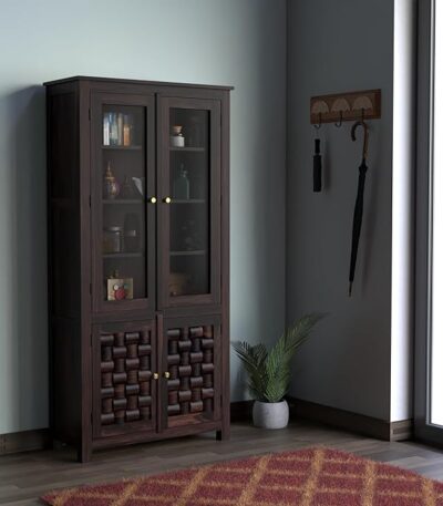 Sheesham wood display cabinet, glass door wooden showcase, tall crockery cabinet, wooden almirah with shelves, block design storage cabinet, solid wood glass cupboard