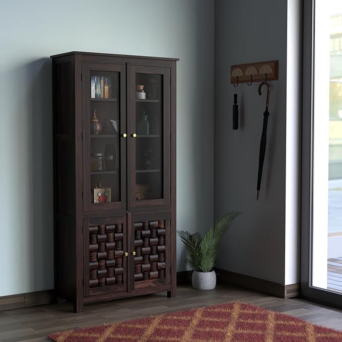 Sheesham wood display cabinet, glass door wooden showcase, tall crockery cabinet, wooden almirah with shelves, block design storage cabinet, solid wood glass cupboard