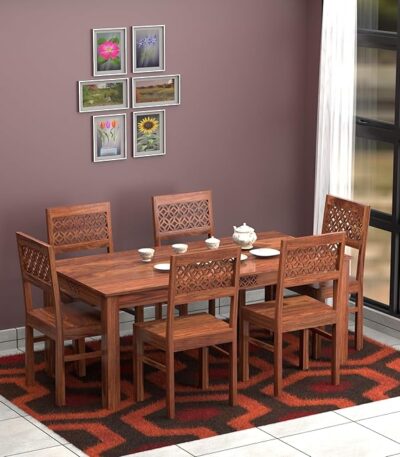 Sheesham wood dining table, 6 seater wooden dining set, solid wood dining furniture, handcrafted dining table, dining table with carved chairs, honey finish dining table.