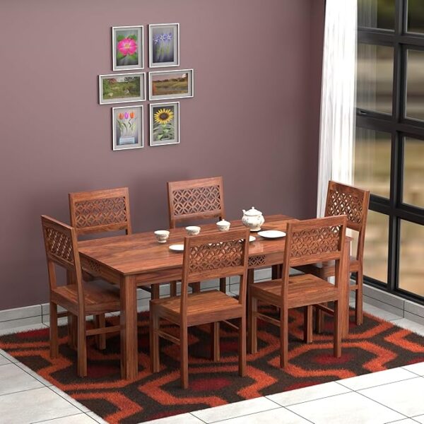 Sheesham wood dining table, 6 seater wooden dining set, solid wood dining furniture, handcrafted dining table, dining table with carved chairs, honey finish dining table.