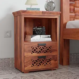 Sheesham wood bedside table, wooden nightstand with carved drawers, solid wood side table, bedroom side storage, handcrafted wooden furniture, night table with open shelf.