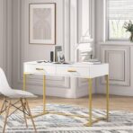 white and gold writing desk, modern home office table, minimalist computer desk for home, designer study table for workspace, elegant office furniture, compact desk for small spaces, premium laptop table with drawers