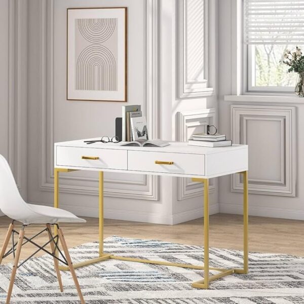 white and gold writing desk, modern home office table, minimalist computer desk for home, designer study table for workspace, elegant office furniture, compact desk for small spaces, premium laptop table with drawers