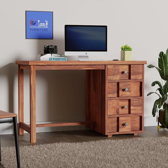 Sheesham wood study table, wooden desk with drawers, solid wood office table, home study desk India, 4 drawer wooden work table, rustic sheesham writing desk, engineered study table for students
