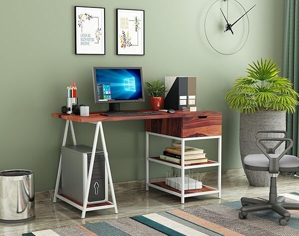 L-shaped office desk, modern study table with storage, sheesham wood desk online, compact computer table, wooden workstation for home, desk with drawer and shelf, industrial home office desk, study table for students and professionals