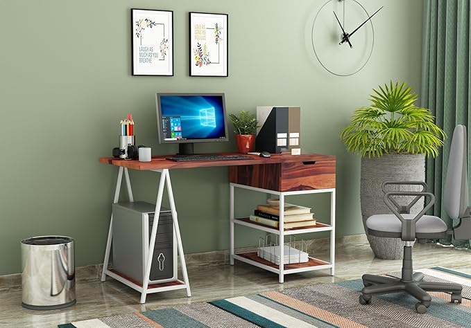 L-shaped office desk, modern study table with storage, sheesham wood desk online, compact computer table, wooden workstation for home, desk with drawer and shelf, industrial home office desk, study table for students and professionals