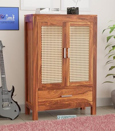 Wooden cane cabinet Sheesham wood storage organizer Small cabinet for living room Solid wood compact storage cupboard Rustic wood furniture with drawer Handmade wooden cabinet online Home & office storage solution Decorative wood cane almirah