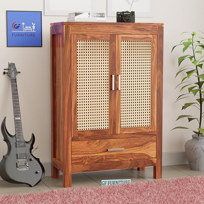 Wooden cane cabinet Sheesham wood storage organizer Small cabinet for living room Solid wood compact storage cupboard Rustic wood furniture with drawer Handmade wooden cabinet online Home & office storage solution Decorative wood cane almirah