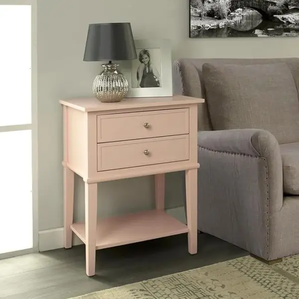 pink wooden bedside table, 2 drawer nightstand, blush pink nightstand, compact side table for bedroom, wooden end table with storage, modern pink nightstand, stylish bedroom furniture, pastel furniture for home décor