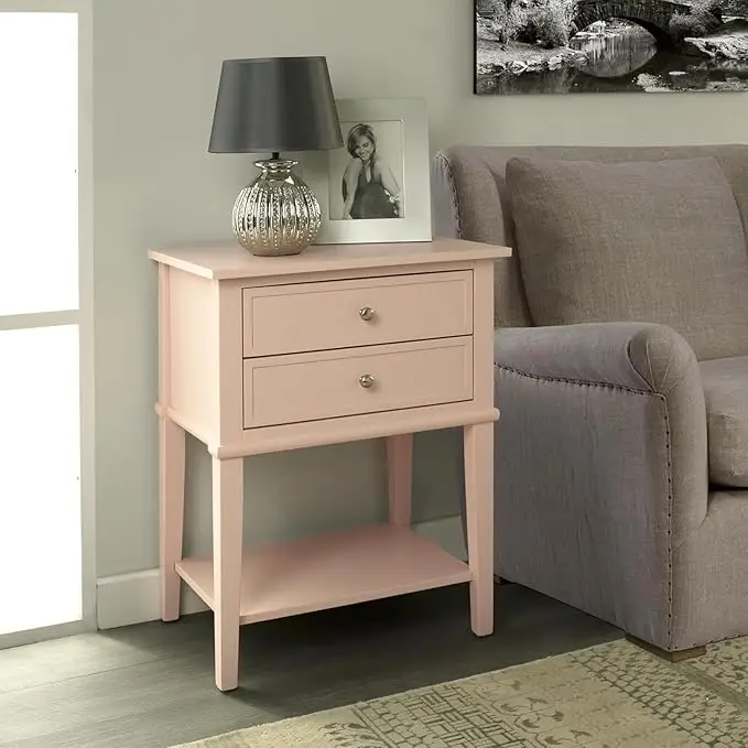 pink wooden bedside table, 2 drawer nightstand, blush pink nightstand, compact side table for bedroom, wooden end table with storage, modern pink nightstand, stylish bedroom furniture, pastel furniture for home décor