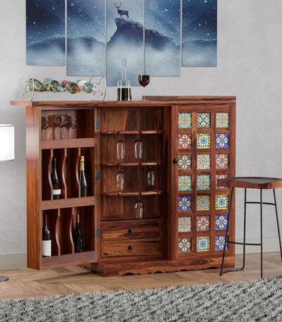 Wooden bar cabinet with ceramic tiles Sheesham wood mini bar furniture Folding top bar cabinet for home Hand-painted tile bar unit Traditional wooden liquor cabinet Indian handcrafted bar furniture Solid wood bar counter for living room Bar cabinet with colorful doors