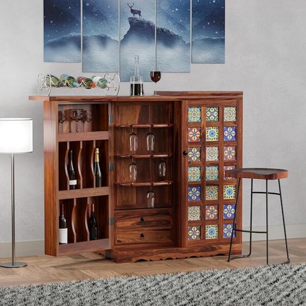 Wooden bar cabinet with ceramic tiles Sheesham wood mini bar furniture Folding top bar cabinet for home Hand-painted tile bar unit Traditional wooden liquor cabinet Indian handcrafted bar furniture Solid wood bar counter for living room Bar cabinet with colorful doors