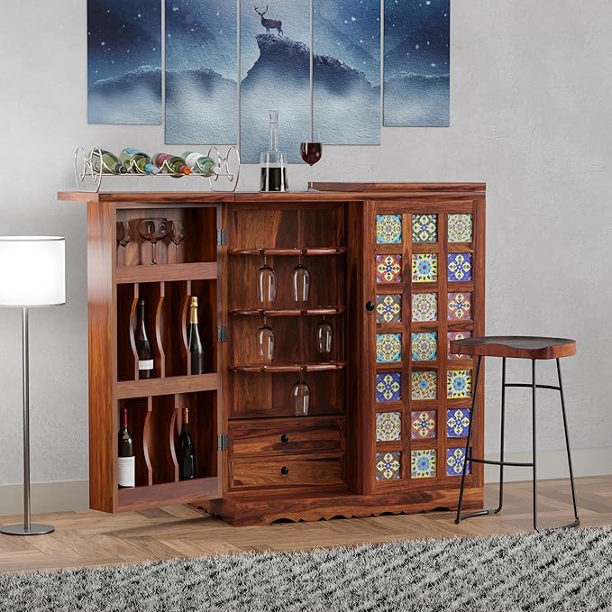 Wooden bar cabinet with ceramic tiles Sheesham wood mini bar furniture Folding top bar cabinet for home Hand-painted tile bar unit Traditional wooden liquor cabinet Indian handcrafted bar furniture Solid wood bar counter for living room Bar cabinet with colorful doors