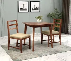 2-seater wooden dining table set, compact dining table for small spaces, modern sheesham wood dining set, wooden dining table with cushioned chairs, space-saving dining furniture India, minimalist dining table for couples, solid wood 2-seater dining set online