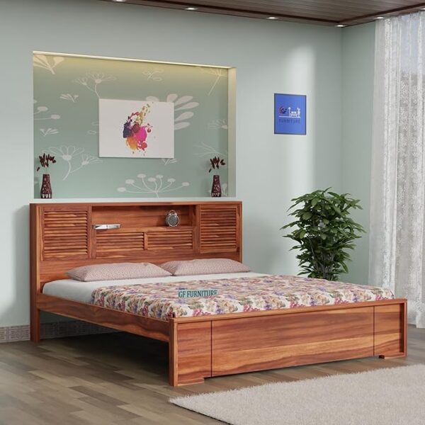 Sheesham wood king bed with storage Wooden bed with louvered headboard Headboard shelf bed frame Solid wood king size bed India Designer wooden bed for bedroom King bed with hidden shelf Natural Sheesham wood furniture Modern rustic wooden bed