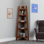 Wooden corner shelf stand Sheesham wood 5 tier ladder shelf Corner bookshelf for living room Decorative wooden plant stand Solid wood space-saving rack Handmade furniture online India Rustic wood corner ladder rack Small shelf for books and décor