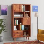 Wooden bookshelf with cabinets Sheesham wood display rack Solid wood book rack with drawers Modern bookshelf with closed storage Open shelf bookcase for living room Bookshelf with drawers India Wooden storage rack for home office Mid-century modern bookshelf