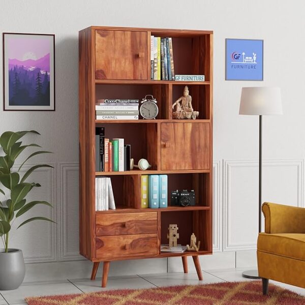Wooden bookshelf with cabinets Sheesham wood display rack Solid wood book rack with drawers Modern bookshelf with closed storage Open shelf bookcase for living room Bookshelf with drawers India Wooden storage rack for home office Mid-century modern bookshelf
