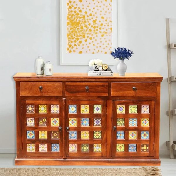 Sheesham wood sideboard with ceramic tiles Wooden buffet cabinet with drawers and doors Handmade Indian sideboard cabinet Colorful tile wooden cupboard Dining room storage cabinet solid wood Traditional tile cabinet for home Multi-purpose wooden storage console Ethnic style handcrafted furniture India