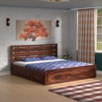 king size sheesham wood bed, wooden bed with storage, solid wood bed for bedroom, designer wooden bed, bed with side storage, sheesham bed frame, slatted headboard bed, storage bed for Indian homes
