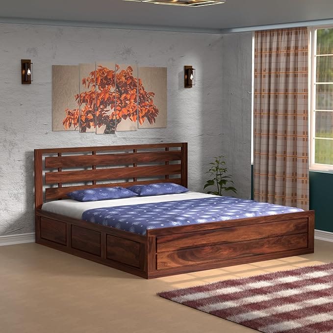 king size sheesham wood bed, wooden bed with storage, solid wood bed for bedroom, designer wooden bed, bed with side storage, sheesham bed frame, slatted headboard bed, storage bed for Indian homes