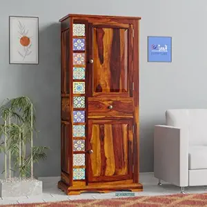Sheesham wood cabinet with ceramic tiles Handcrafted wooden storage unit Indian wooden cabinet with tile inlay Ethnic tile design cabinet Wooden cupboard with drawers Bohemian style storage furniture Rustic solid wood cabinet India Buy tile inlay furniture online Designer wooden almirah Handmade wooden storage cabinet