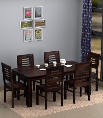 Sheesham wood dining table 6 seater Solid wood dining set for home Wooden dining table with chairs 6 seater dining table online Premium Sheesham dining set Modern wooden dining table set Buy dining table set online India Rustic wooden dining furniture Handcrafted dining table with chairs Dark walnut finish dining set