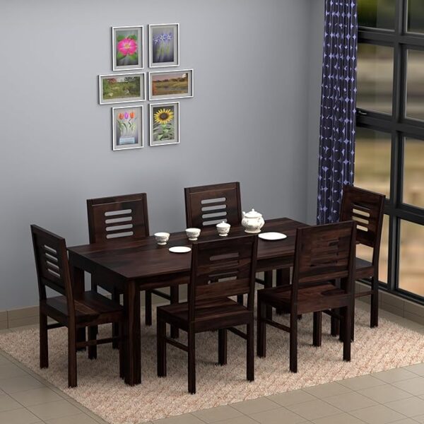 Sheesham wood dining table 6 seater Solid wood dining set for home Wooden dining table with chairs 6 seater dining table online Premium Sheesham dining set Modern wooden dining table set Buy dining table set online India Rustic wooden dining furniture Handcrafted dining table with chairs Dark walnut finish dining set
