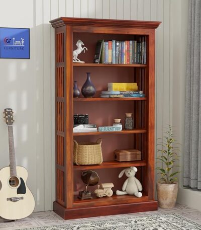 Sheesham wood bookshelf Wooden book rack with open shelves Solid wood display shelf 5-tier bookcase for home Honey finish bookshelf Sheesham furniture online India Wooden open shelf for study Solid wood bookshelves for living room Buy wooden bookshelf online Modern rustic bookshelf design