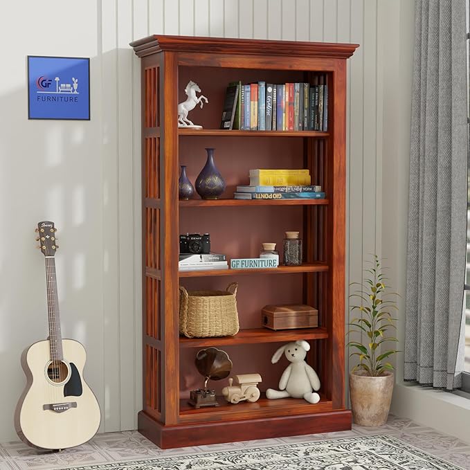 Sheesham wood bookshelf Wooden book rack with open shelves Solid wood display shelf 5-tier bookcase for home Honey finish bookshelf Sheesham furniture online India Wooden open shelf for study Solid wood bookshelves for living room Buy wooden bookshelf online Modern rustic bookshelf design