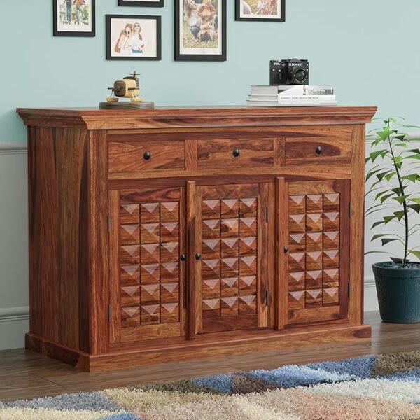 Sheesham wood sideboard cabinet Wooden sideboard with storage Handmade wooden cabinet for dining room Solid wood buffet table Carved wooden storage cabinet Rustic Sheesham wood furniture Wooden cabinet with drawers and doors Natural wood finish sideboard Buy wooden cabinet online Indian wooden furniture for home