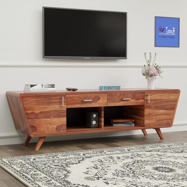 Sheesham wood TV unit, solid wood TV cabinet, wooden entertainment unit, mid-century modern TV stand, TV table with drawers, living room furniture, wooden media console, handcrafted TV stand India