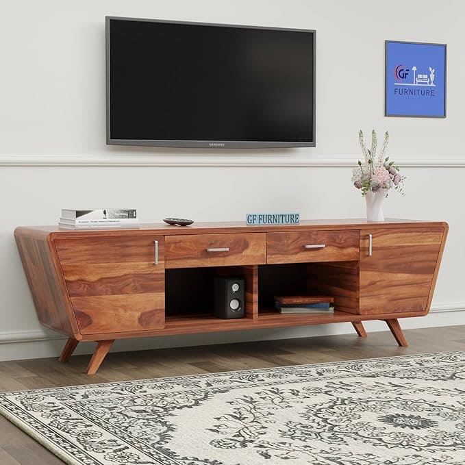 Sheesham wood TV unit, solid wood TV cabinet, wooden entertainment unit, mid-century modern TV stand, TV table with drawers, living room furniture, wooden media console, handcrafted TV stand India
