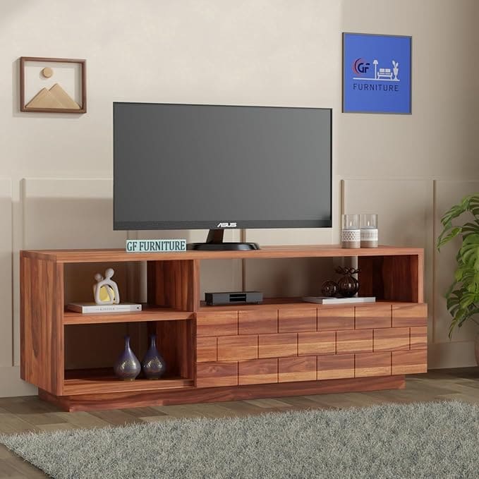Sheesham wood TV stand, wooden TV cabinet, 56 inch TV unit, TV stand with storage, solid wood entertainment center, wooden furniture for living room, handcrafted TV unit India