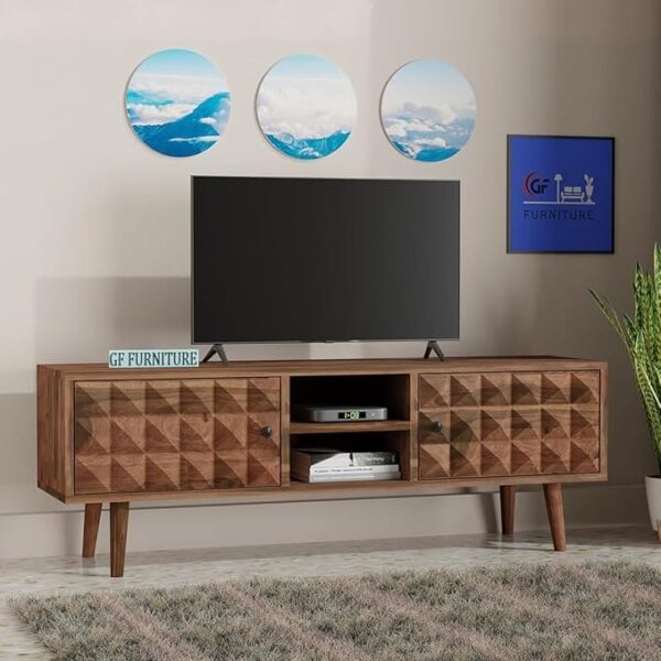 solid wood tv unit, sheesham wood tv cabinet, wooden entertainment console, carved door tv stand, modern wood tv table, mid-century tv unit, furniture for living room, tv unit with storage