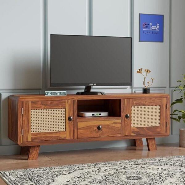 sheesham wood tv unit, tv stand with cane doors, wooden entertainment unit, mid-century tv cabinet, boho style tv stand, handcrafted wooden tv table, solid wood furniture for living room, 54 inch wooden tv stand