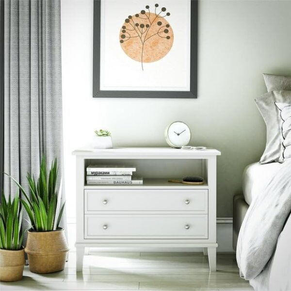 white bedside table with drawers, modern nightstand for bedroom, wooden nightstand with open shelf, minimalist bedroom furniture, compact side table for small space, 2 drawer bedside cabinet, stylish bedside organizer