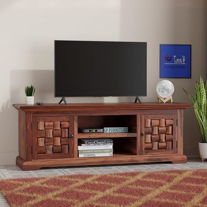 Sheesham wood TV unit, wooden entertainment center, solid wood TV stand, handcrafted TV cabinet, wooden media console, wooden furniture online, rustic wooden TV unit, designer TV table India