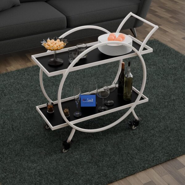Iran White Odessa Bar Cart with Shelves |Stylish Drink & Wine Cart for Home & Parties| Serving Trolley with Brake System Wheels | Product Size 15 in x 26 in x 14 in | Off White Colour |